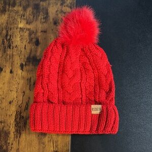 Women's Red Knit Beanie with Pom-Pom